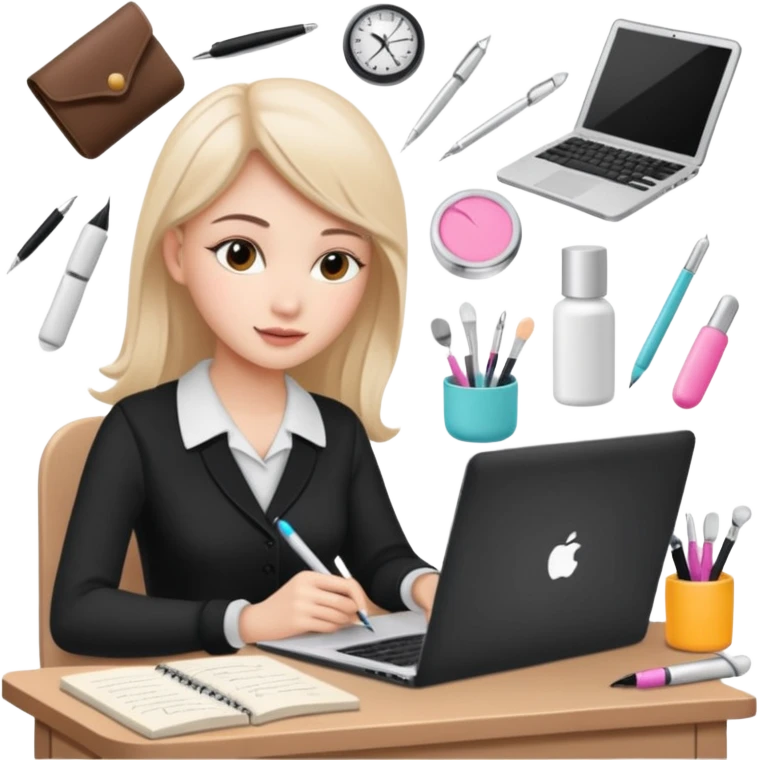 CREATE ME A BEAUTY STUDENT LEARNING A COURSE ON A LAPTOP, ADD BEAUTY TOOLS AROUND, AND NOTES emoji