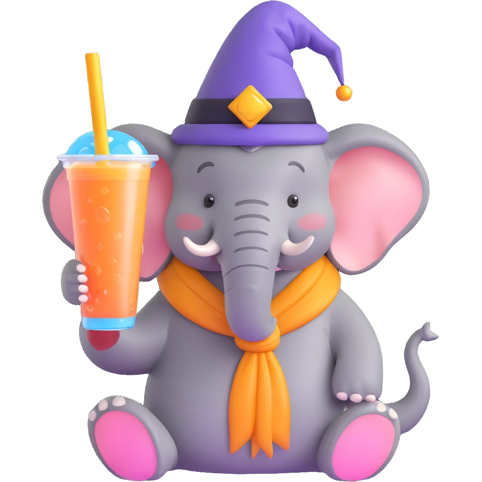 friendly elephant with wizard hat and bubble tea emoji