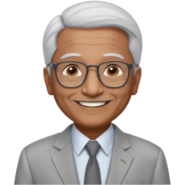 70 yr old indian man, short straight white hair brushed back, light grey business suit, big smile, dark brown skin, no moustache, dark brown eyes, glasses
 emoji