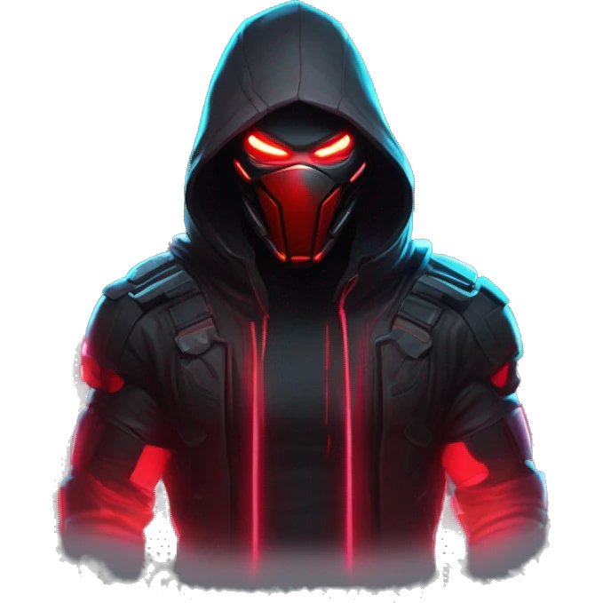 developer behind his laptop with this style : crysis Cyberpunk Riot Games Valorant neon glowing bright red character red dark black hooded assassin themed character emoji