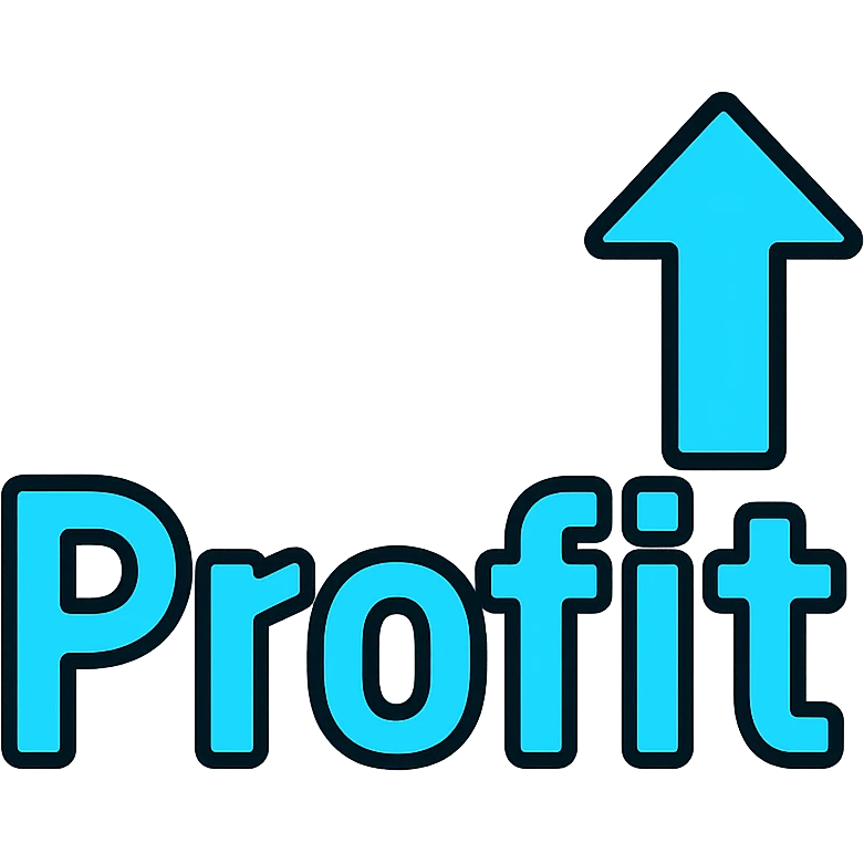 text 'Profit ↑' in bold font, cyan blue color, lineal color icon with black outlines emoji