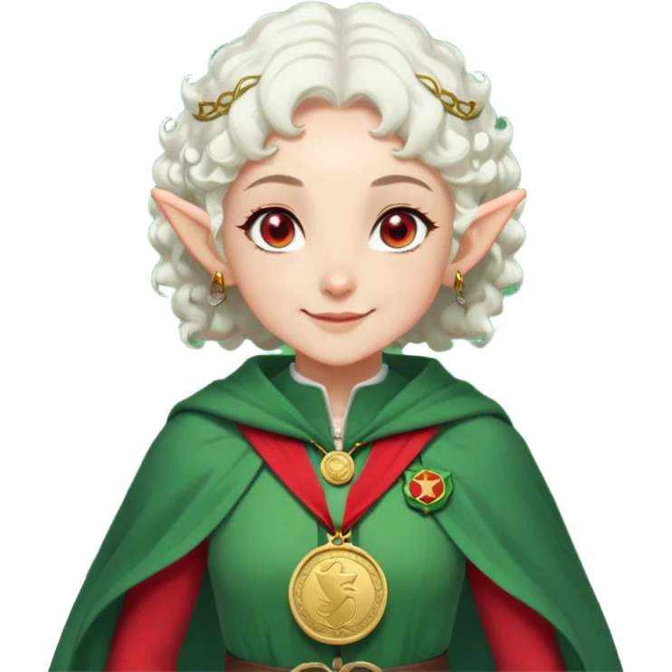 elf, short white hair, bald spot on her forehead, 2 curls on her forehead, red eyes, smile, green cloak, white shirt with red sleeves, medal on her chest, black pants, inscription at the bottom Sylph_latus background no, white outline  emoji