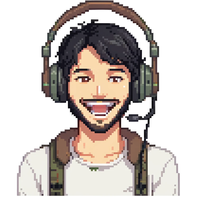 anime style laughing man with black hair, brown eyes, black beard wearing gaming headset emoji