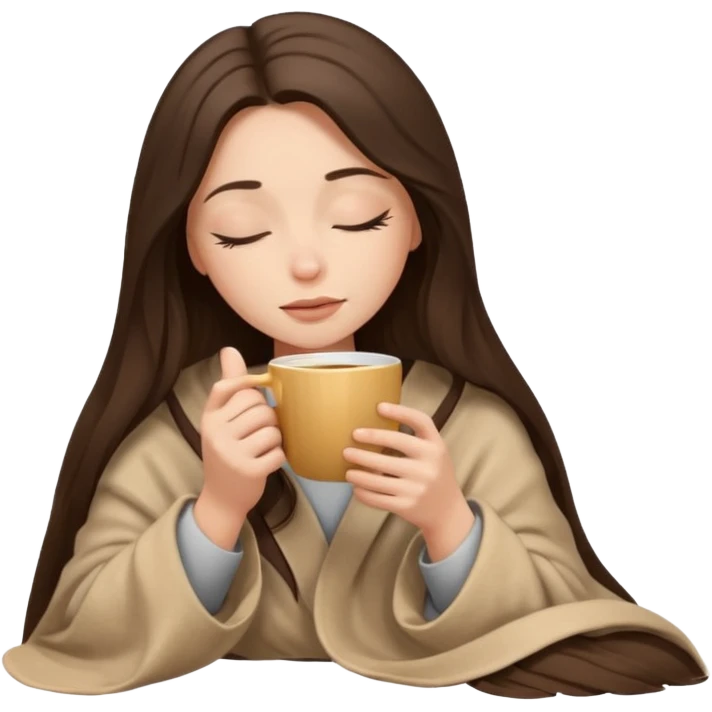 Brunette girl long hair inside a beige blanket sipping coffee eyes closed emoji