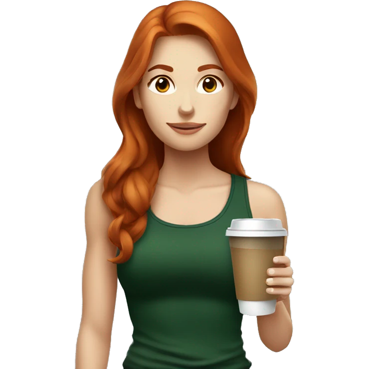Redhead fitness girl in dark green top with coffee emoji