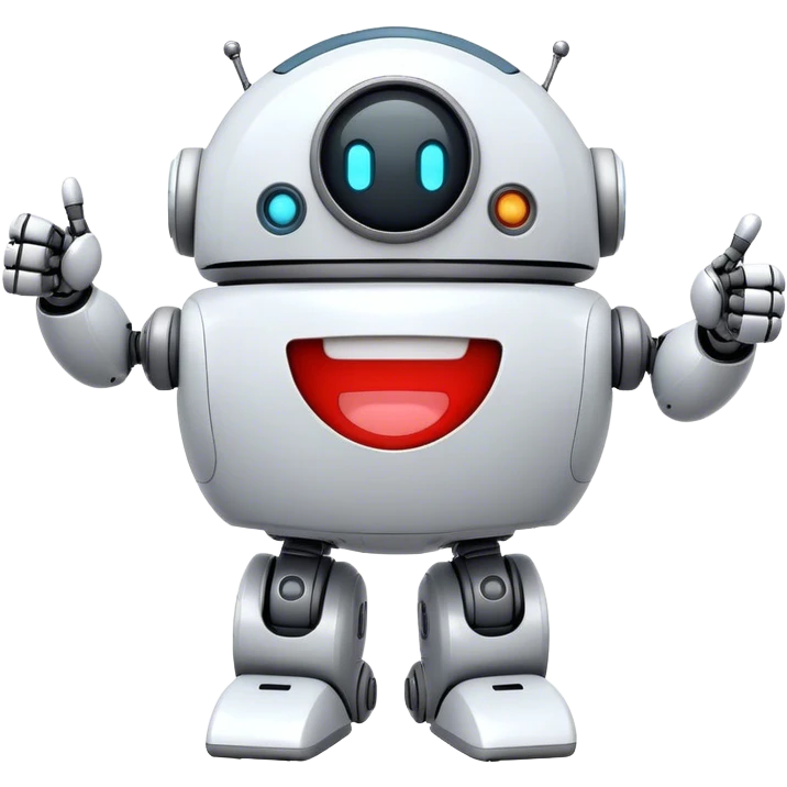 portal-style cute rounded robot with a big smile, giving a big thumbs-up emoji