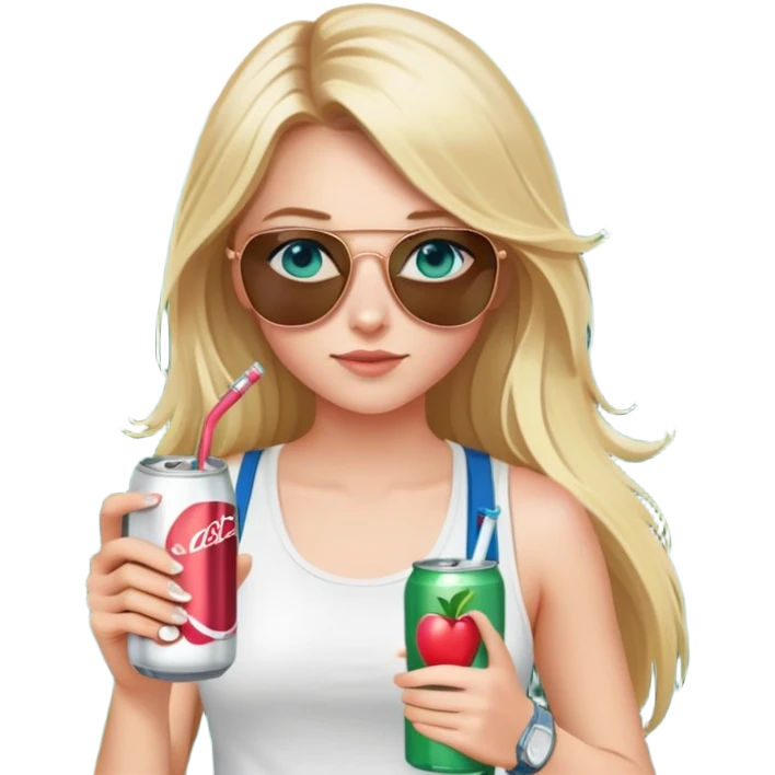 girl with long blond hair
with blue eyes
and aviator sunglasses
wearing white tank top 
holding one soda can without straw
wearing (rose gold apple watch with forest green band) emoji