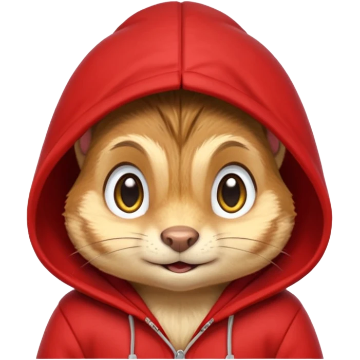 Portrait of a cute cartoon chipmunk with light brown and beige fur, wearing a red hoodie no zip with a yellow 'A' on it, big round eyes, small nose, and a mischievous grin, front-facing, stylized in animated movie style emoji