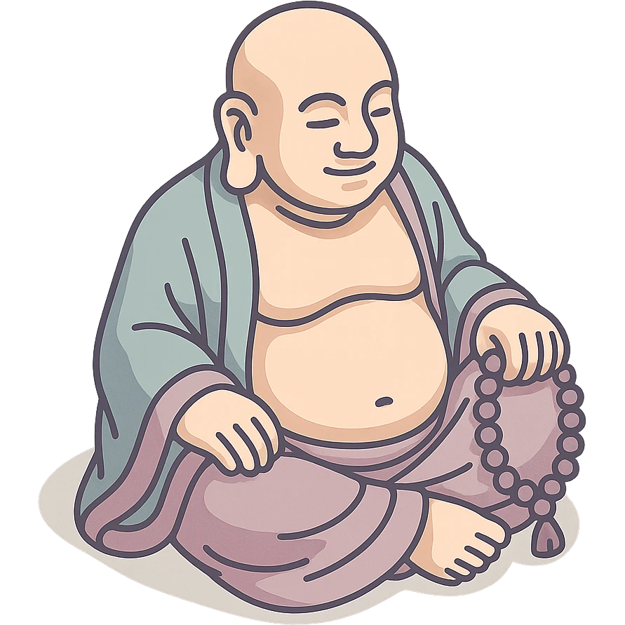 Hotei with prayer beads, 2D isometric style, clean lines, sharper angles, high detail, pronounced shadows and highlights, minimalist eastern accent, pastel palette #98B5BC, #B5B3C1, #C9A3C9, #E4C0CA, #F7DCD1, #F7C0AA, transparent background emoji