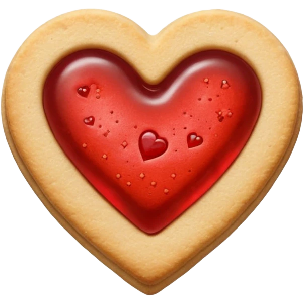 Realistic shortbread cookie in the shape of a heart with red jelly middle filling and sprinkled powder sugar on top. emoji