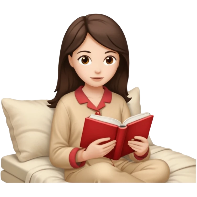 Девушка брюнетка с длинными волосами, карими глазами в пижаме с книгой. Картинка должна были в цветах: бежевый, бледно красный и коричневый emoji