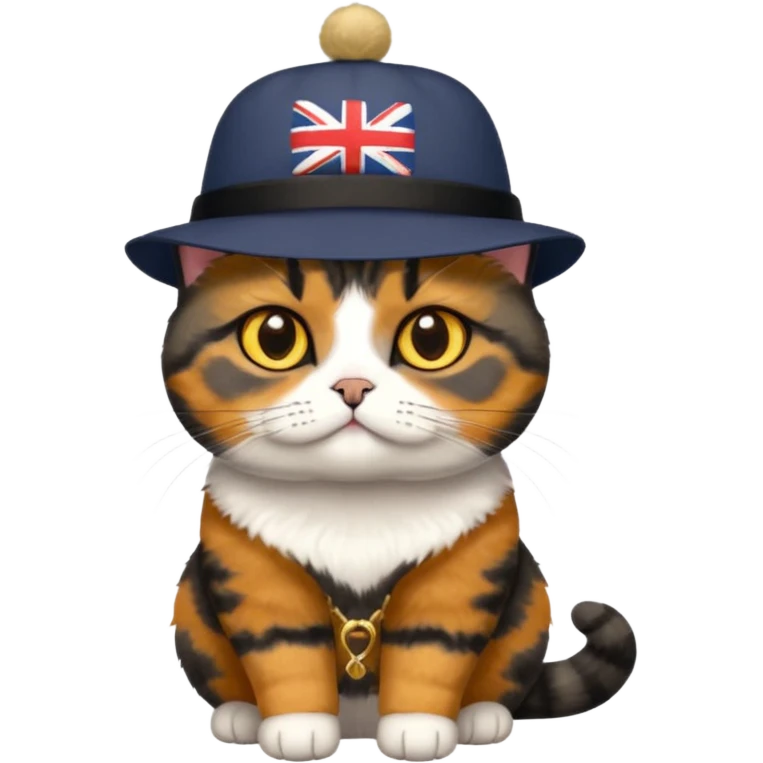 mostly black tortie cat, gold eyes, british hat emoji