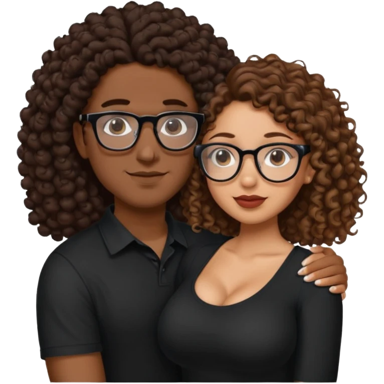 A mixed girl with rectangle glasses, the girl is wearing a black shirt, the girl has brown curly hair  and the girl has big boobs. A Mexican man is embracing her, with black bald hair  emoji