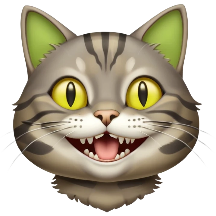 Gray-brown striped cat with yellow-green intelligent eyes, cat laughing  emoji