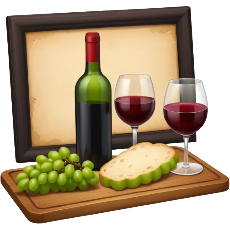 Make me some wine with bread and grapes, Do it on a board, so it looks elegant emoji