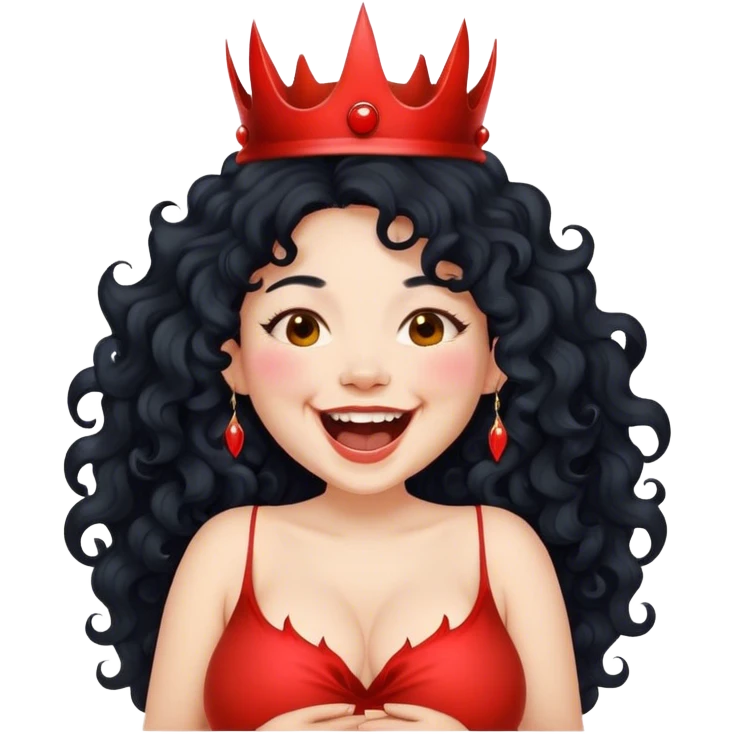 Pregnant fair woman  long black curly hair laughing with devil crown  emoji