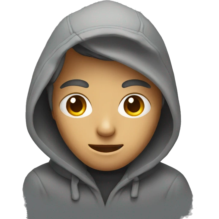 gray face with hollow black eyes and a dark hoodie emoji