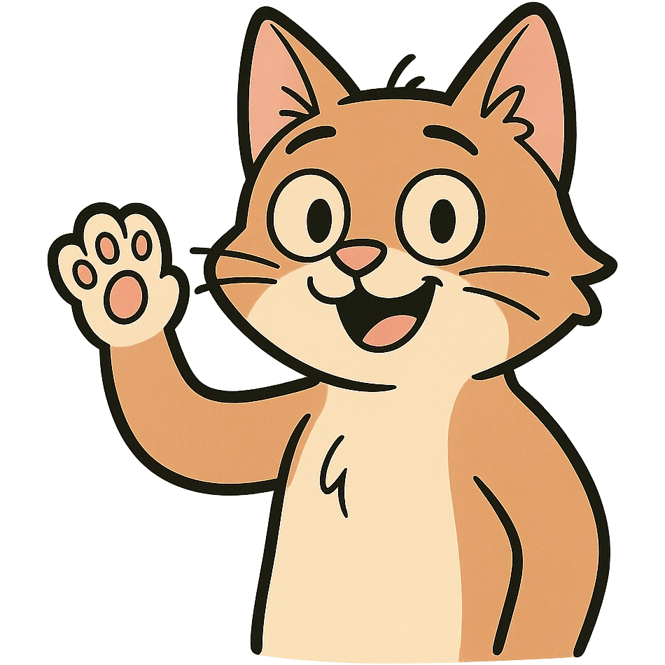 a cute cat greeting with a paw raised, cheerful, minimal background, cartoon style emoji