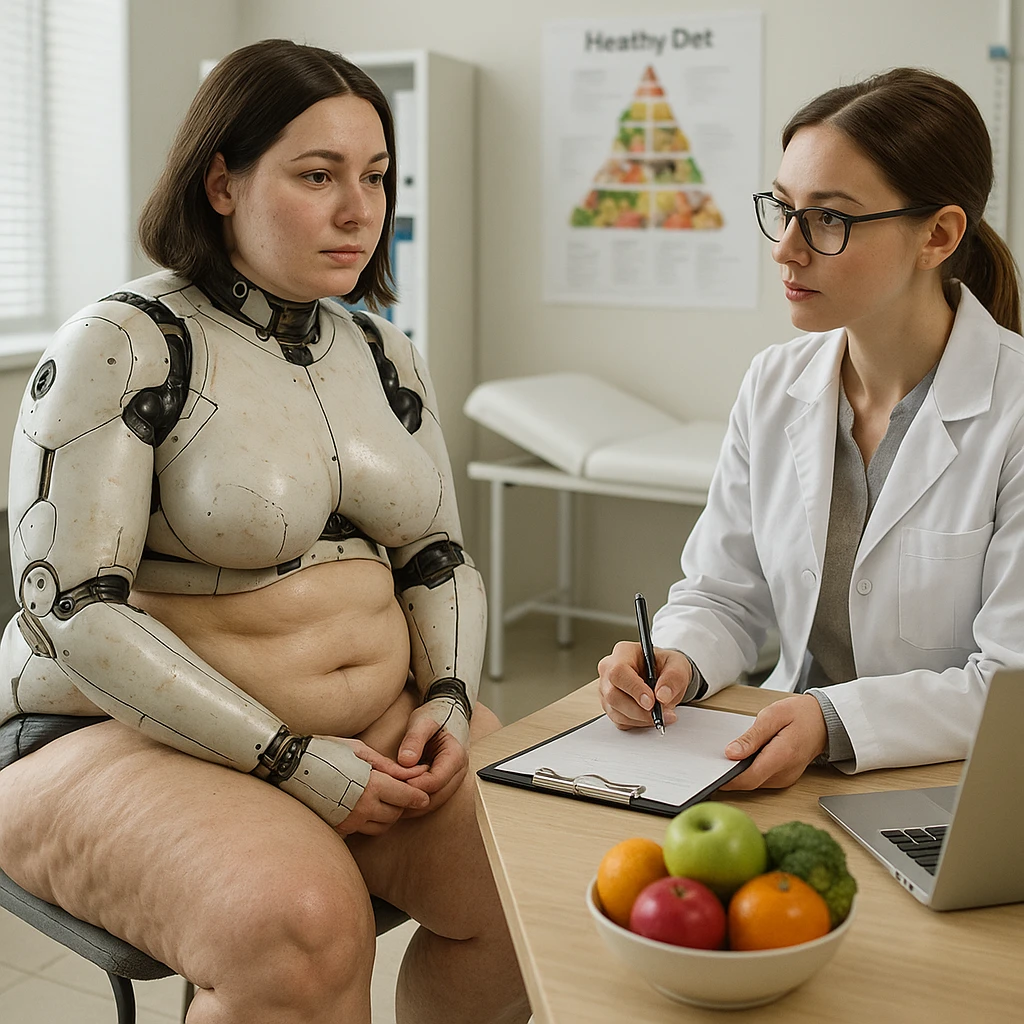 hyper realistic 4K gynoid woman consulting a nutritionist, fat on legs and thighs, clinical scene details emoji