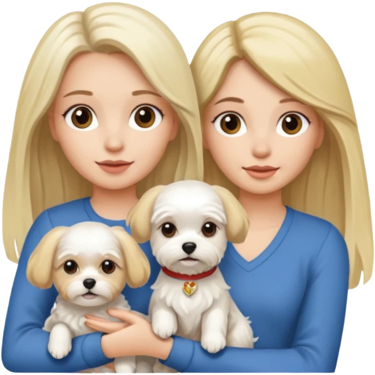 two women are holding one Maltese dog. one woman is brunette the other woman is blonde long haired  emoji