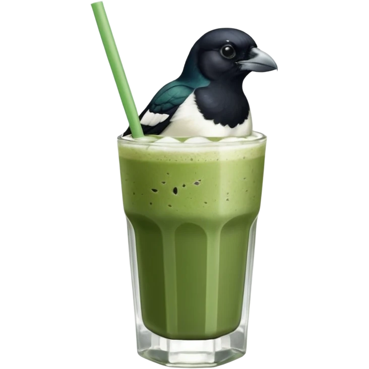 It’s an Australien Magpie sitting on an iced matcha latte on the edge of the glass. It has green matcha on its beak indicating it drank. The iced matxha latte is in a see through glass and white from the oat milk on the bottom and green on top…and there is a straw in the drink and ice cubes emoji