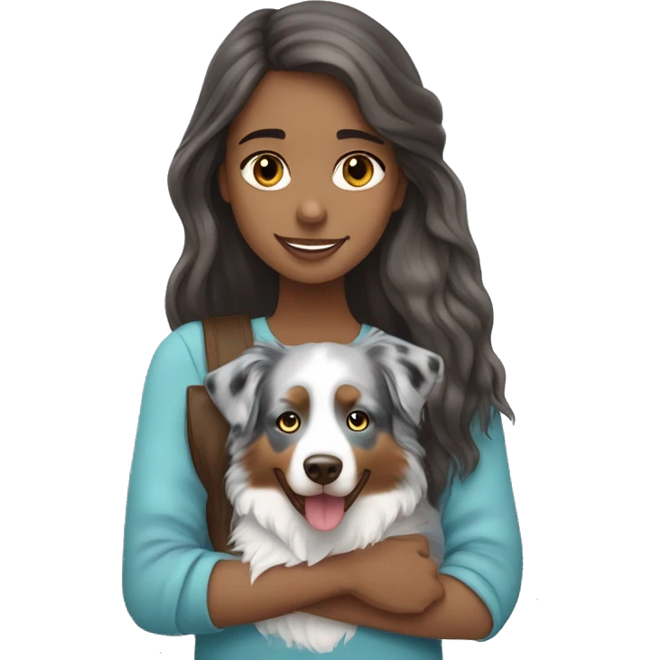 Girl with long brown hair holding blue merle Australian shepherd  emoji