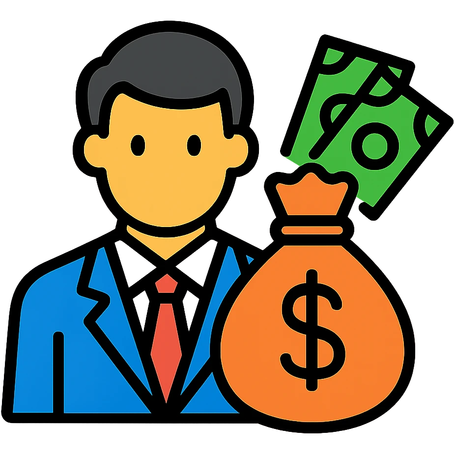 Businessman with money bag, rich man with cash emoji