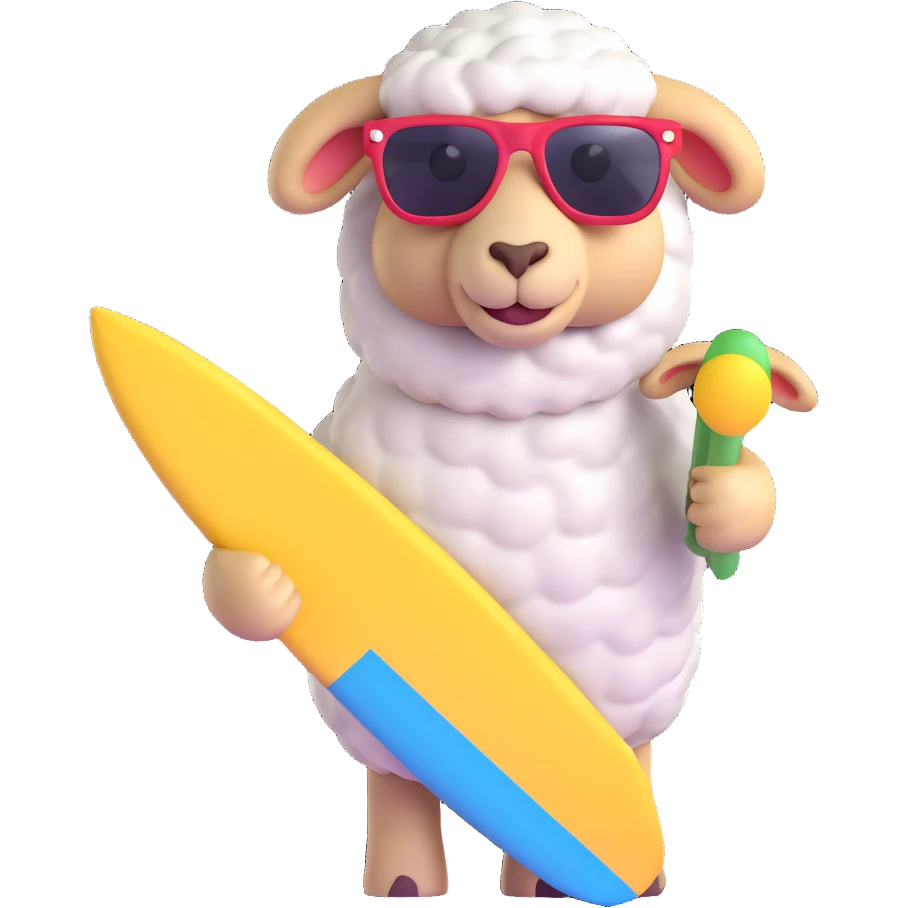 Add cool sunglasses to the sheep while keeping the surfboard and 3D emoji style the same. Remove the background. emoji