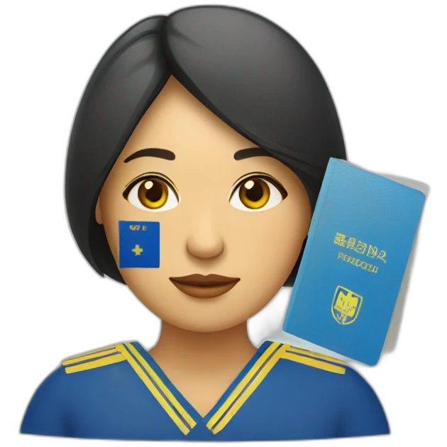 vietnamese woman with ukranian flag colors on face holding passport emoji
