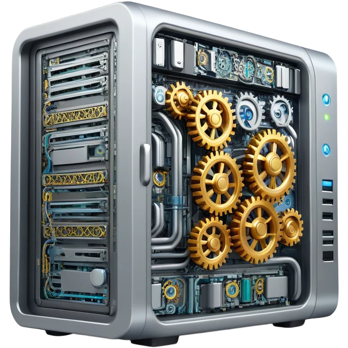 Computer server with gears and code symbols representing DevOps automation emoji