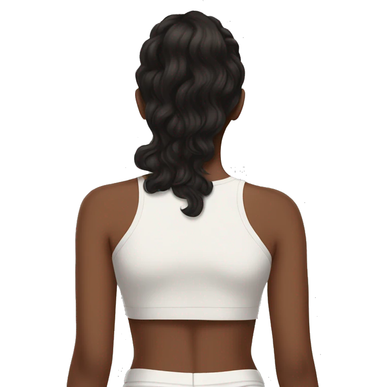 back side of a brown women, with black hair, a white crop top, wavy long hair emoji