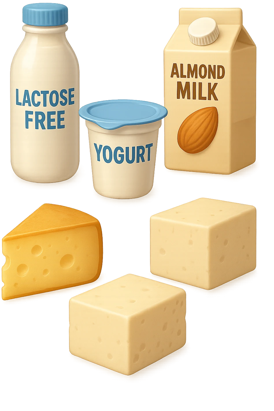 emoji stile iphone 3d di Latte e yogurt delattosati
Latte di mandorla (non zuccherato)
Latte di soia da proteine isolate
Formaggi stagionati (es. parmigiano)
Tofu compatto e tempeh
 che fluttuano in aria, iperealistico 4k emoji