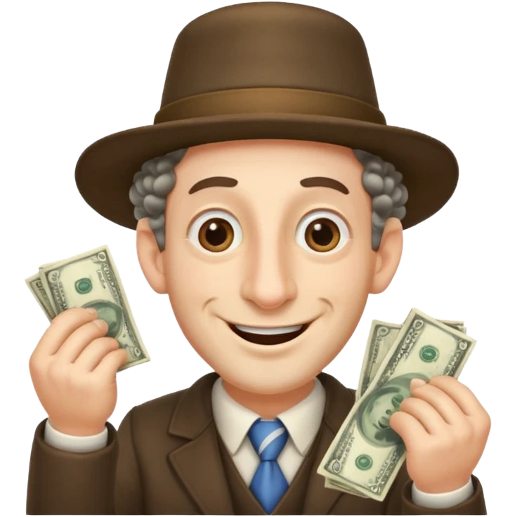 Jewish man with a big nose having his hands clenched together while smiling when he sees money , add the side curls and the funny hat , add the side curls please c emoji