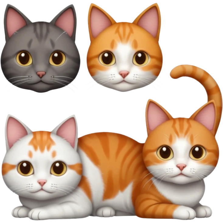 3 different coloured short haired cats including; a dark brown tabby and white cat, and a dark grey and white and a ginger and white emoji