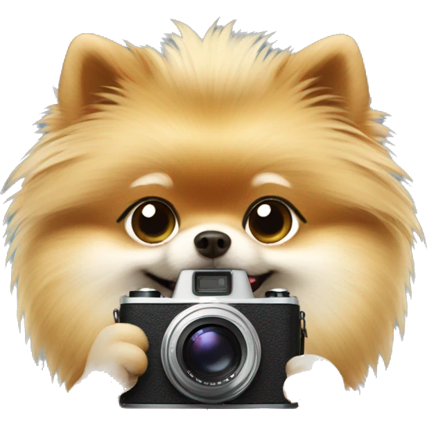 pomeranian taking a photo with a camera emoji