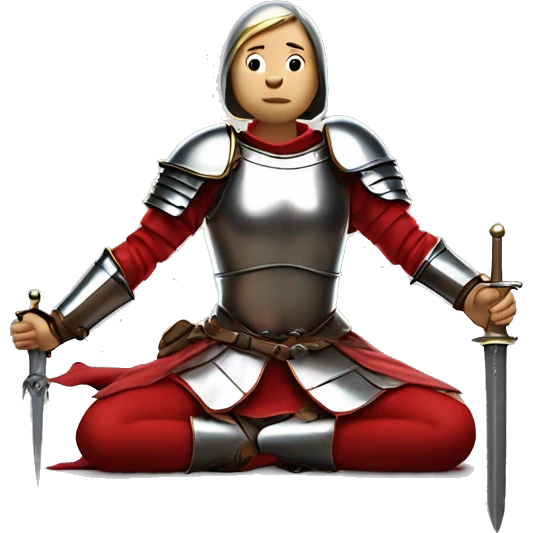 Joan of arc in medieval armor kneels, looking upward, with hands resting on a sword. They're dressed in a red garment under the armor. emoji