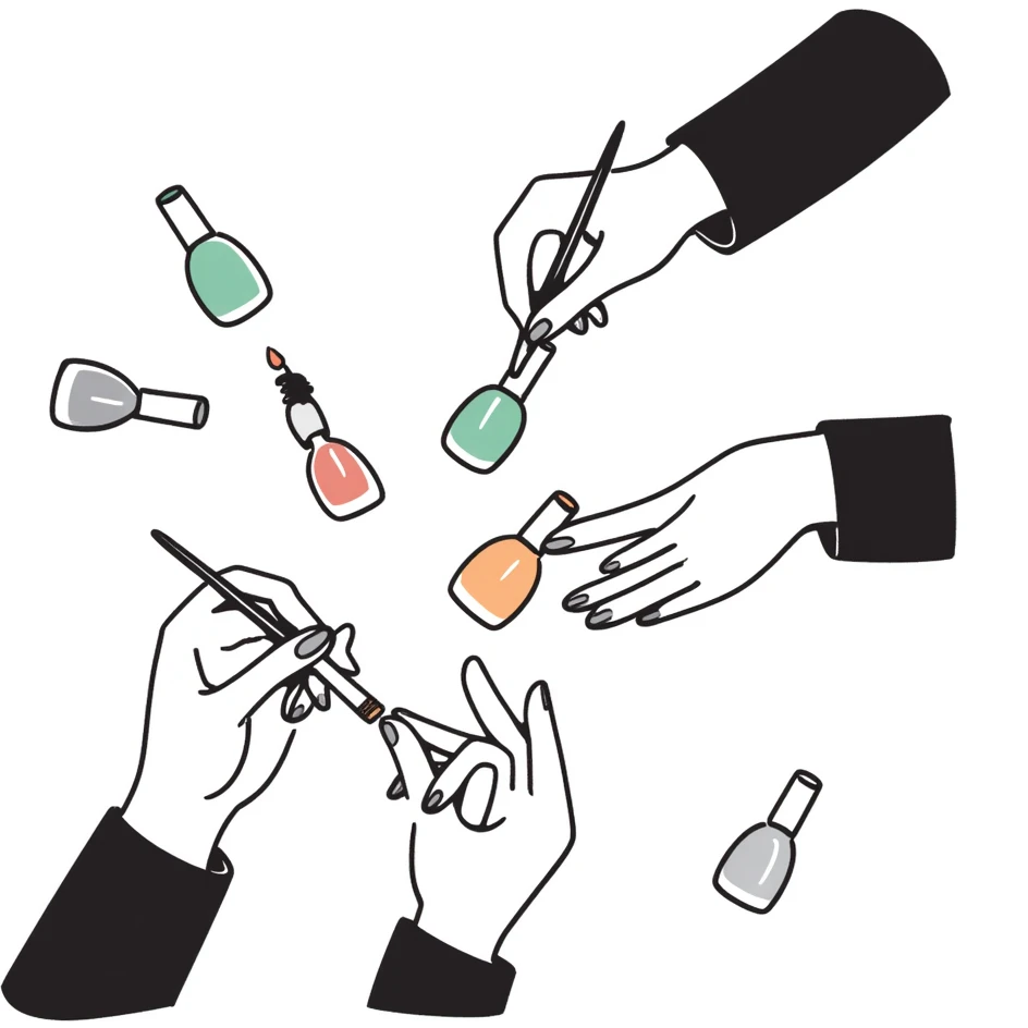 manicure scene with hands, painted nails, and nail polish bottles in pastel colors dd9fb0, ffc6d3, a3bfc9, c4bee2, f1b091, hand-drawn doodle style emoji