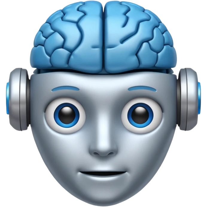 A simple emoji of a friendly robot head with a visible human brain on top, symbolizing learning AI, emoji style emoji