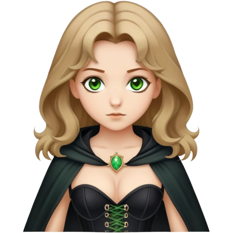 A girl with medium length dark blonde wicca hair with a cloak and green eyes and a black corset with breasts emoji