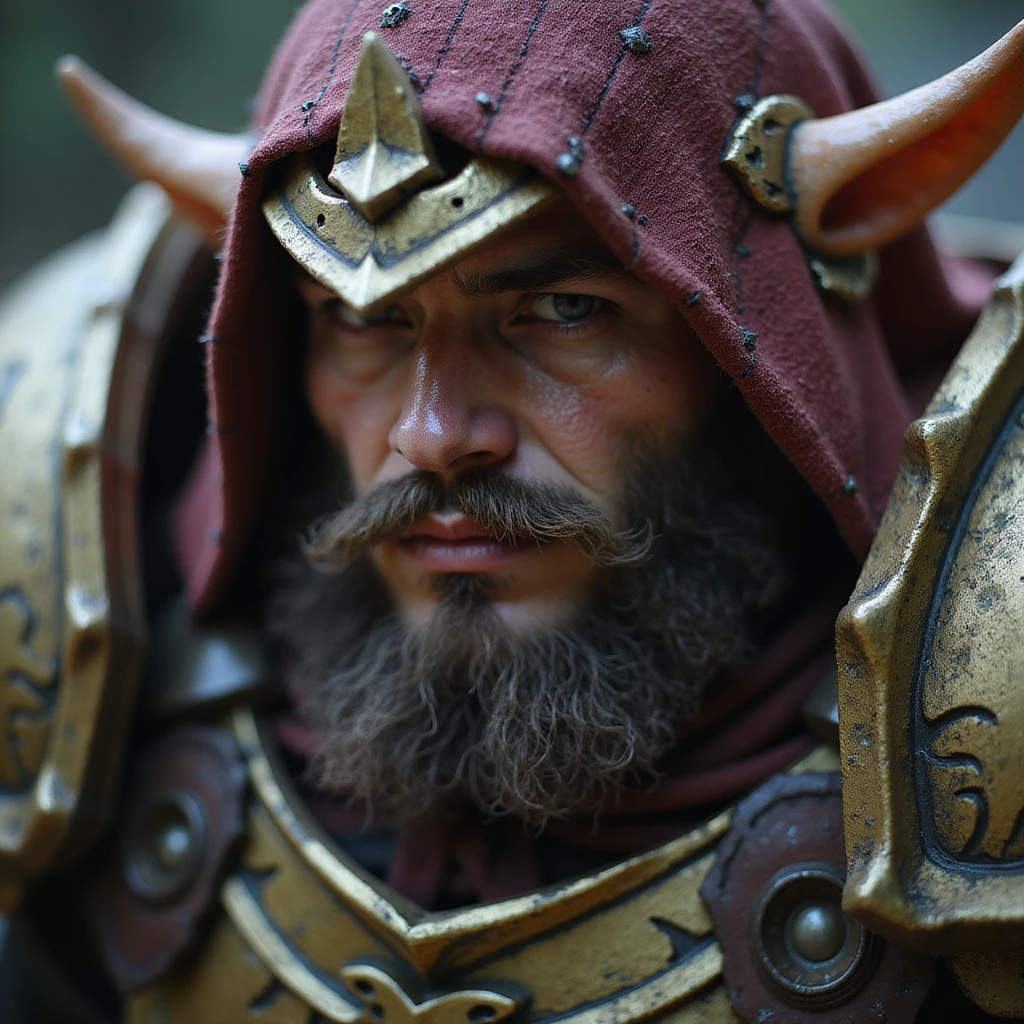 realistic fantasy style close-up detailed face of a League of Legends-inspired champion, armored and powerful emoji