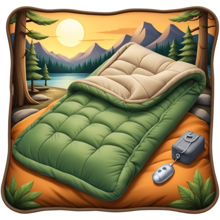 Cinematic Realistic Sleeping Bag, plush and slightly wrinkled, rich fabric texture catching the firelight, glowing with warmth and inviting coziness, nestled within a peaceful campsite. emoji