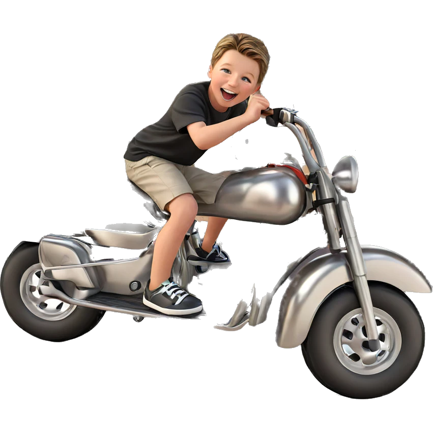 happy boy outdoors with vehicle emoji