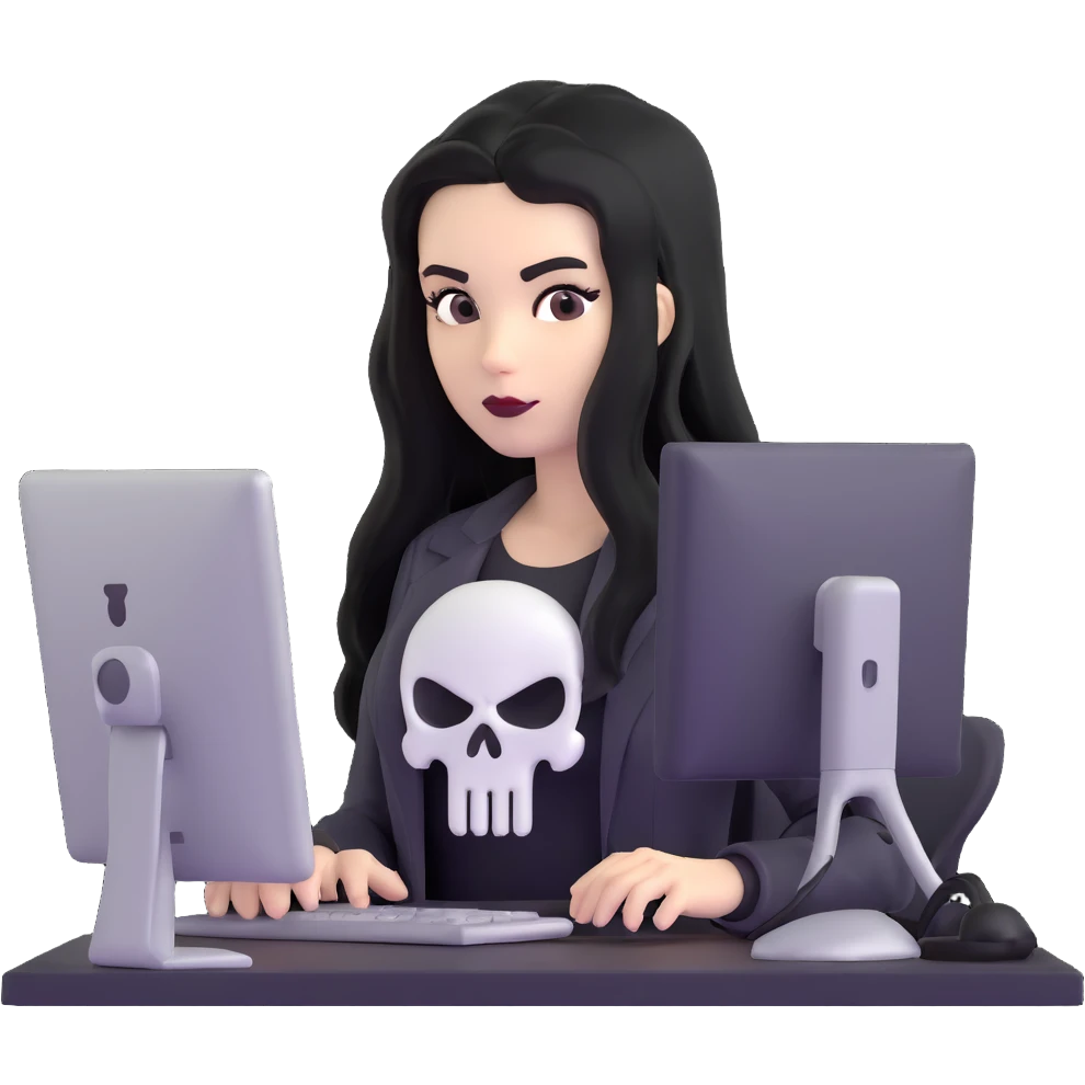 female Punisher skull character with long black hair working on computer emoji