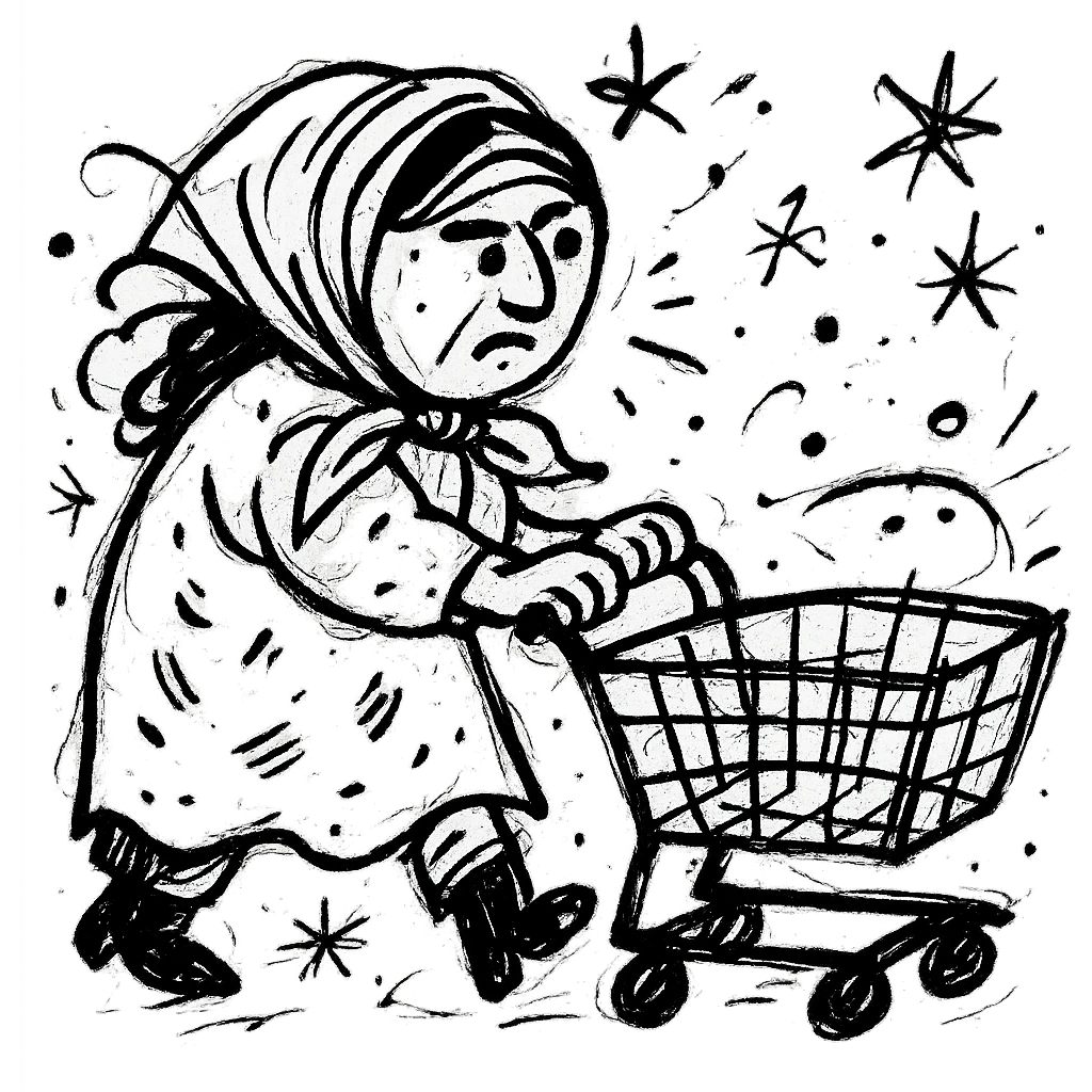 hand-drawn Uzbek woman with a shopping cart, chaotic energy emoji