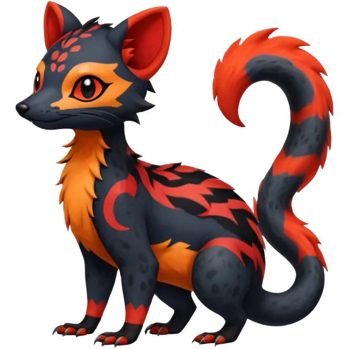Rare exotic realistic cute epic aesthetic gothic colorful Salandit-Litten-Quilava-Civet-species-Fakemon-hybrid-creature, with markings, full body emoji