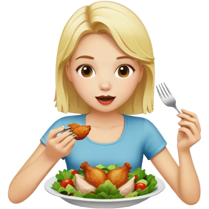 blonde girl eats salad and eats chicken emoji