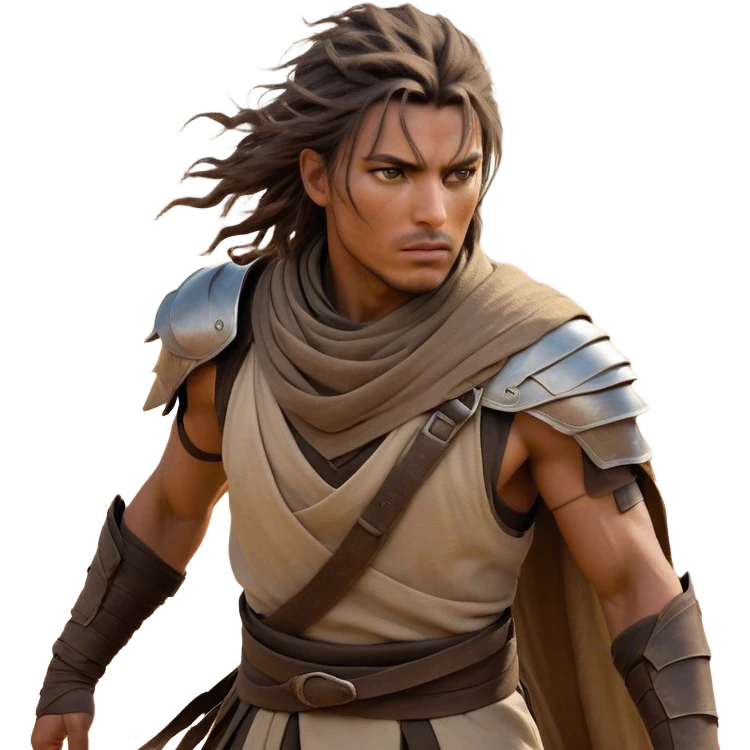 Cinematic Realistic Nomad Portrait, captured in a dynamic, battle-ready stance, body poised with agility and readiness beneath layered, weather-worn desert robes and light armor designed for swift movement and adaptability. His piercing eyes and rugged, sun-scorched features are accentuated by windswept hair and a faint layer of sand, rendered with dramatic natural lighting and high shine. A blend of muted earth tones and faded fabrics tell stories of distant travels and survival against harsh elements. He exudes an aura of cunning, resilience, and fierce independence, embodying the spirit of a wanderer who thrives on the edge of civilization. emoji