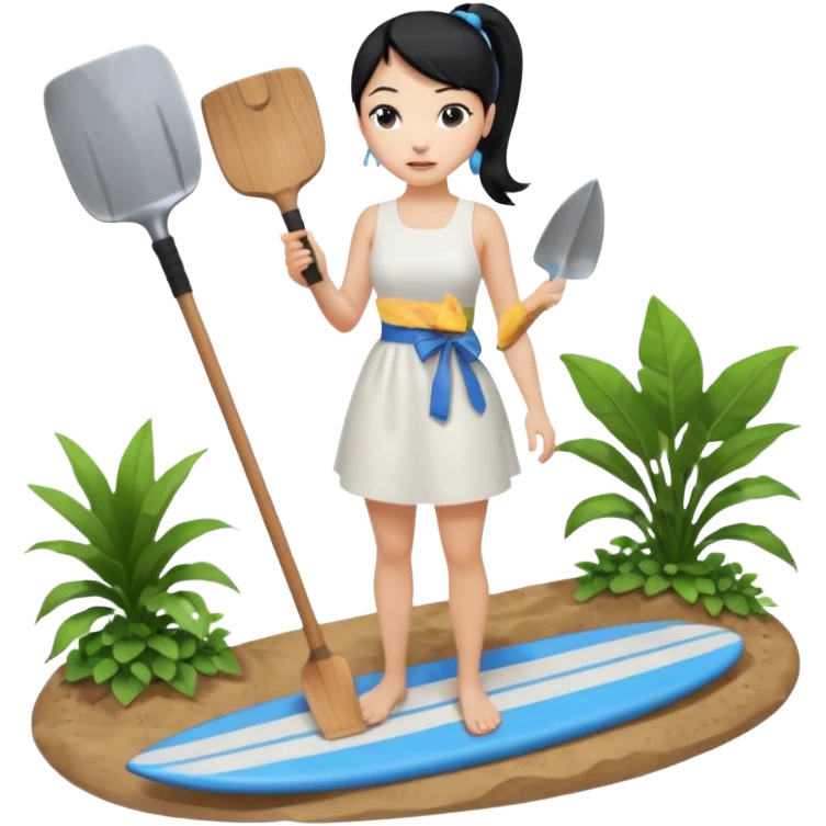 Princess who wearing white dress (woman) black ponytail hair holding her cellphone and  one garden shovel with another hand. She is standing on her feet, there is one blue surfing board under her feet. She is looking at her phone emoji