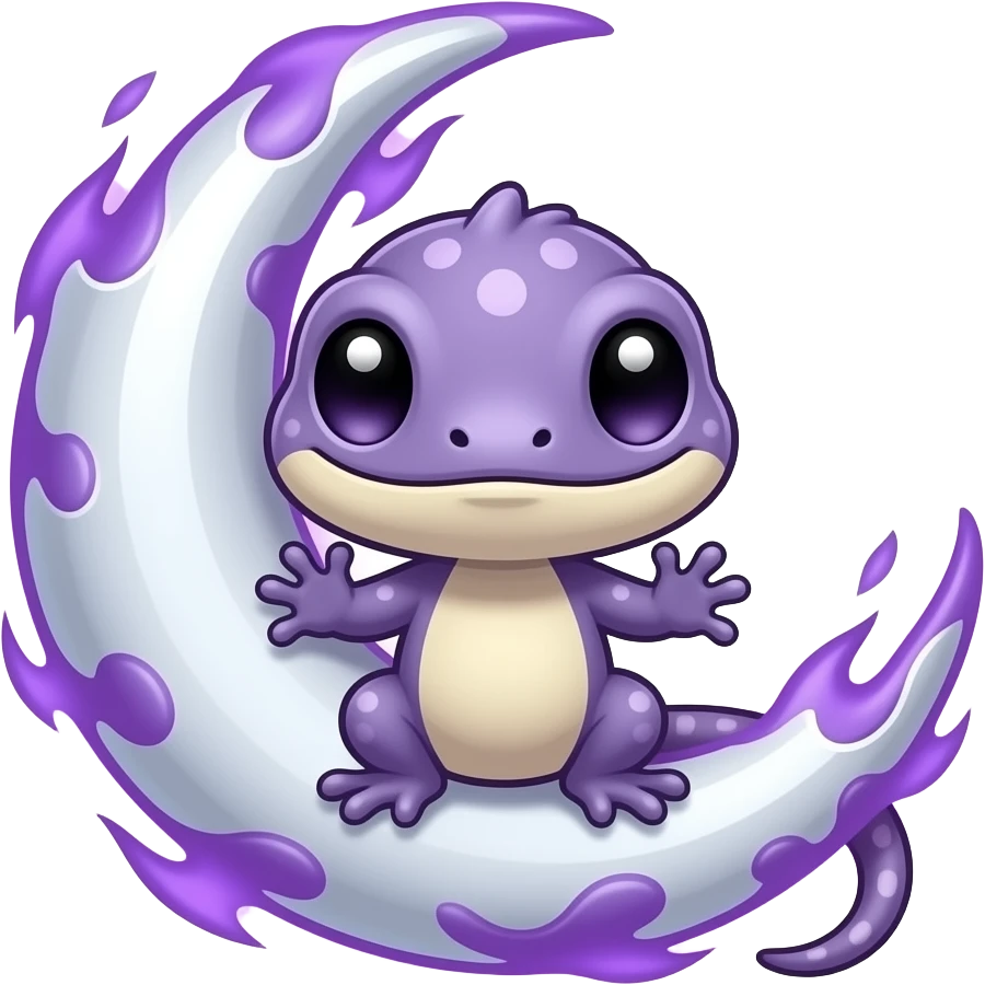 cute chibi salamander full body, glowing moon crescent, purple and silver flames, mystical aura, bold outlines, flat design, discord emoji emoji