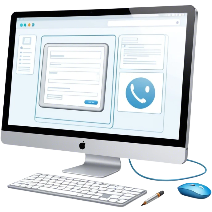 Modern icon for Web Design: computer screen with a website layout, design tools like a mouse and a pencil, and web elements such as icons and wireframes. Transparent background. emoji